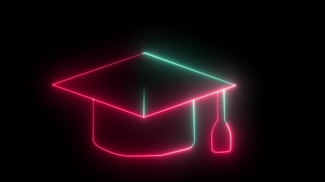 Glowing light neon line Graduation cap icon isolated on black background. Graduation hat with tassel icon.Education icon animation on background.