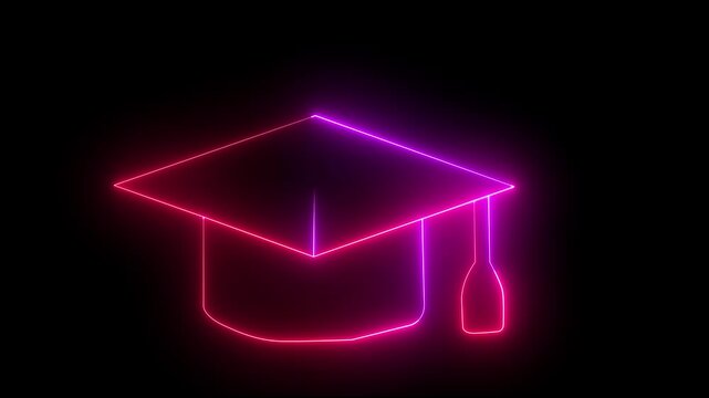 Glowing light neon line Graduation cap icon isolated on black background. Graduation hat with tassel icon.Education icon animation on background.