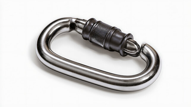 Silver d shaped carabiner with black screw gate mechanism on a white background