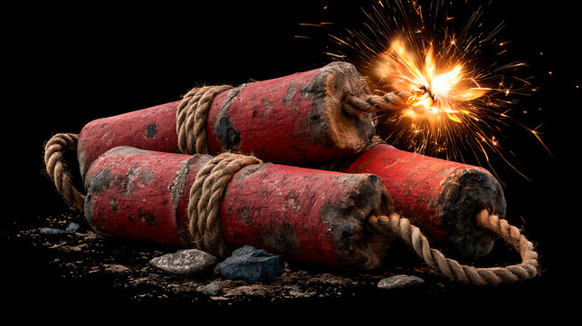 Dynamite sticks with burning fuse on dark background explosive ordnance