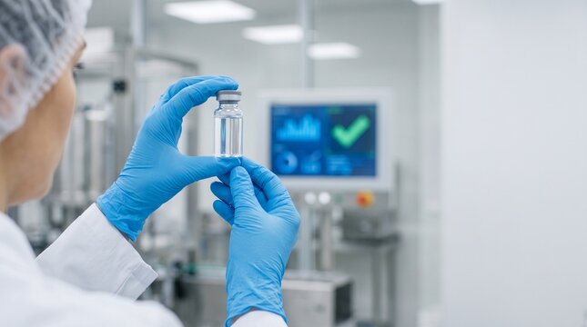 AI pharmaceutical research laboratory vaccine vial held by scientist in cleanroom with digital data analytics screen and automated quality control background