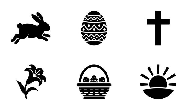Easter Icons Set, Spring Holiday Vector Graphics, Religious Symbols, Bunny, Egg, Cross, Lily, Sunrise, Basket Collection