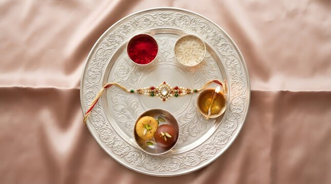 Traditional silver thali with rakhi, sweets, kumkum and diya