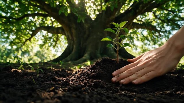 Close-up of a human hand gently planting a young green sapling into fertile soil with a large ancient tree in the background
