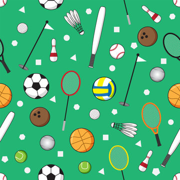 Seamless sports equipment pattern with soccer basketball tennis racket shuttlecock bowling pin bat and golf flag green background vector illustration.