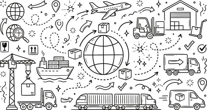 Global logistics and shipping doodles set with cargo plane globe freight ship and delivery trucks hand drawn supply chain magnifying glass logistics shipping delivery warehouse
