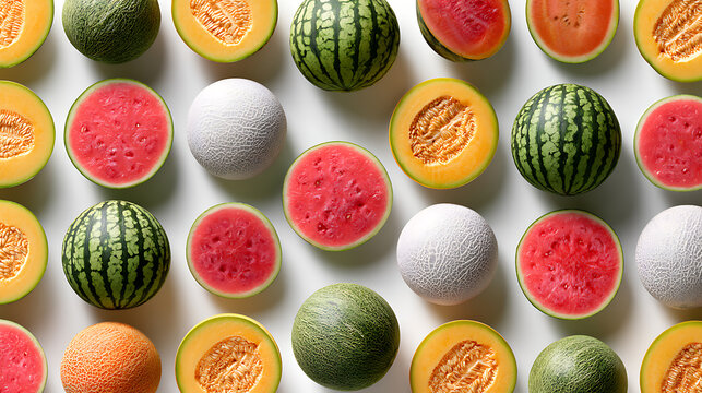 Assorted melons and watermelon slices are arranged in a repeating pattern on white