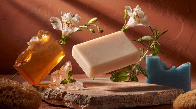 floating natural soap bars with flowers crystals and mint on stone podium against warm terracotta background