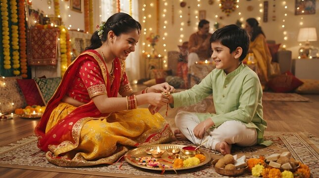 A young indian sister tying a rakhi on her brothers wrist during a festive raksha bandhan celebration at home