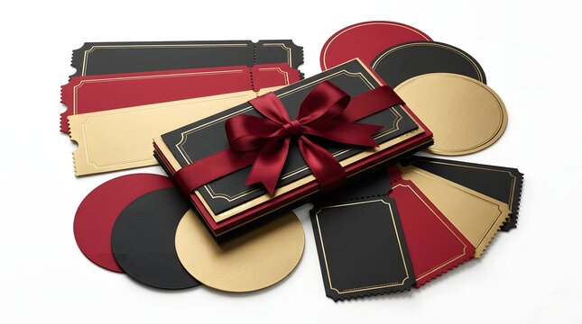 Elegant stack of classic hardcover books with a deep red ribbon tied in a bow on top of golden records