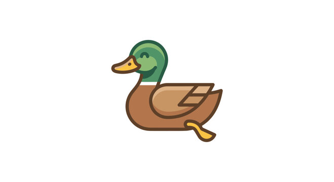 Mallard duck cartoon character standing on ground.
