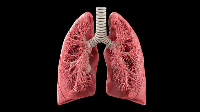 Human lungs with branching bronchioles displayed on a black background