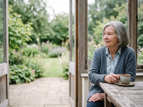 Senior woman relaxing in a sunroom with a warm cup of coffee while looking out at a lush green garden