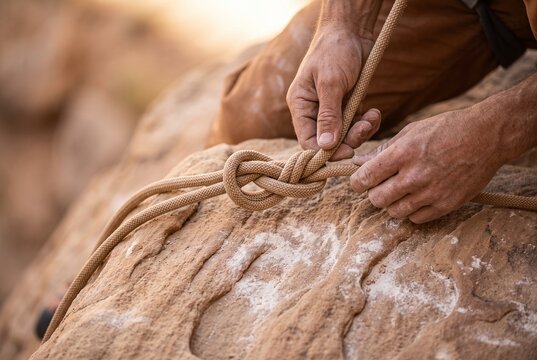 Close up of a rock climber's hands tying a figure eight safety knot on a durable rope outdoors