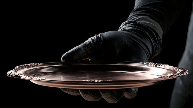 Gloved hand presenting a polished metal tray against a dark background