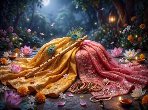 Radha Krishna Devotional Concept with Peacock Feather and Flowing Fabrics