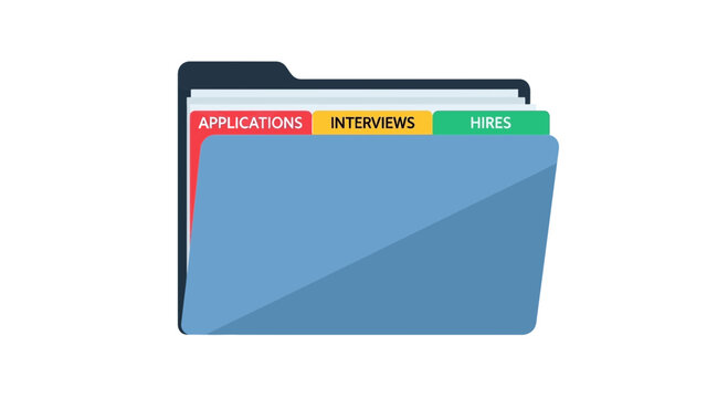 Recruitment Process Folder Illustration with Labeled Tabs for Applications, Interviews, and Hires; Human Resources Talent Acquisition Concept