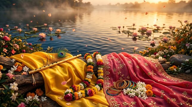 Radha Krishna Devotional Concept with Peacock Feather and Flowing Fabrics