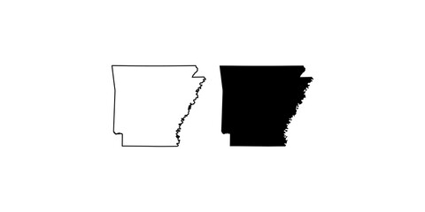 Arkansas state map icon set in detailed outline and solid black silhouette styles. © Hanis
