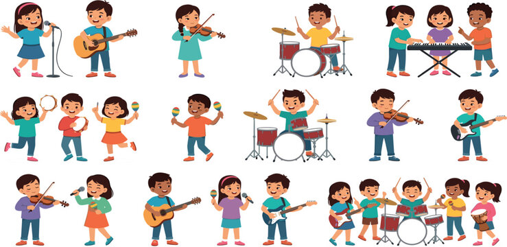 Cute cartoon children playing musical instruments in a school band vector illustration set