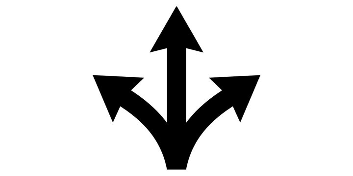 Three way direction arrows in a single icon indicating choice, decision, or multiple paths ahead.