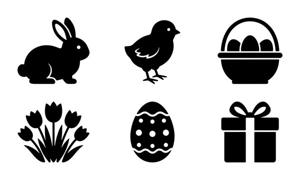 Easter Icons Set: Black Silhouette Vector Graphics of Bunny, Chick, Eggs, Tulips, Basket, and Gift Box for Festive Designs