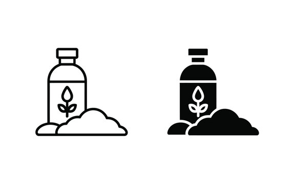 Fertilizer bottle and soil pile vector line and glyph icons set with fertilizer