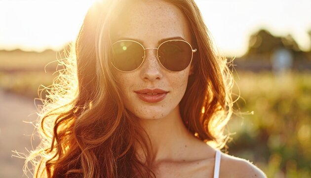 Beautiful freckled woman wearing stylish sunglasses outdoors, summer lifestyle photography