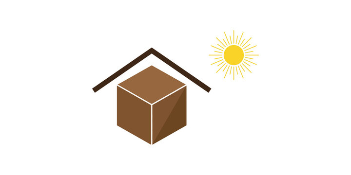 Cardboard box under protective roof with sun symbol for shipping storage conditions.