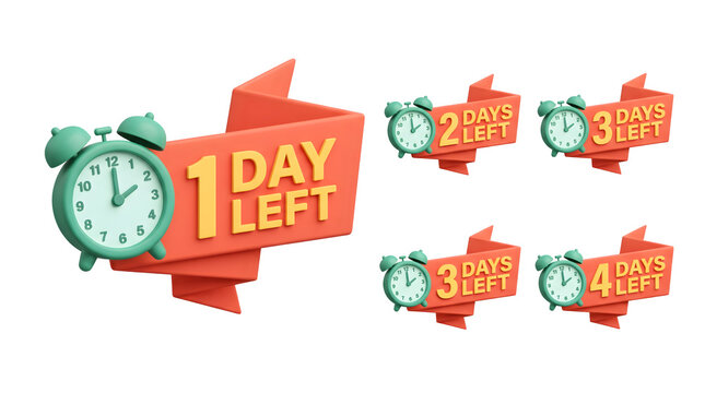Set of 3d rendered countdown banners with alarm clocks, indicating 1, 2, 3, and 4 days left, isolated on transparent background