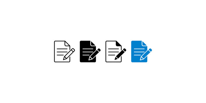 Set of document icons with pencil suggesting writing or editing with variations in color and fill.