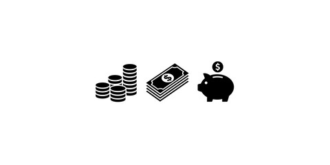 Stack of coins paper money bills and piggy bank saving icons vector. © Hanis