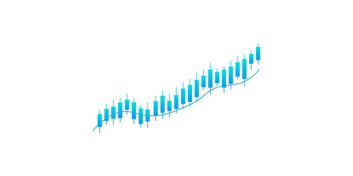 Blue candlestick chart showing market fluctuations with trend line.