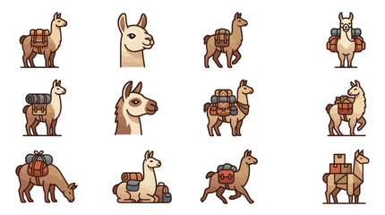 Naklejka premium Llama and alpaca character icons with gear.