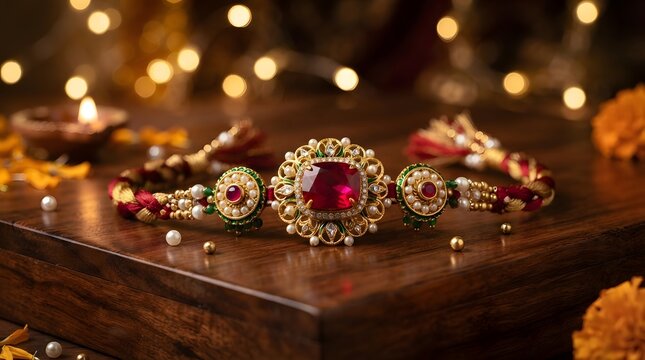 Elegant traditional rakhi bracelet with a large red gemstone and intricate gold detailing, placed on a wooden surface with soft bokeh festive lights