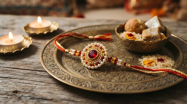 Traditional rakhi thread with a red stone centerpiece on a brass plate with sweets and rice, celebrating the indian festival of raksha bandhan