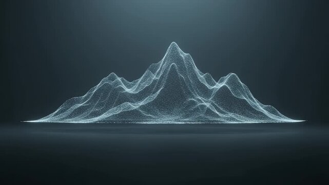 Data visualization mountain, digital landscape and particle mesh for technology background. Futuristic connection, network and abstract science with glowing lines for business presentation and growth