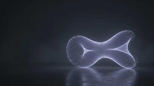 Technology, digital and abstract 3d particle shape for futuristic background, data science and innovation. Glowing light, network and science with connection, infinity loop and copy space in dark.