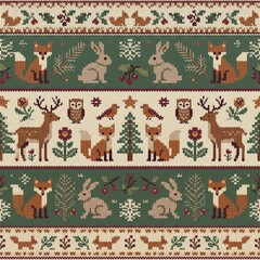 Fototapeta premium Nordic folk art knit pattern depicting woodland animals and flora, including fox, deer, rabbit in earthy tones with holiday theme, perfect for festive textile design or winter apparel concepts