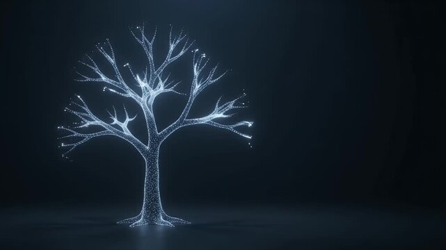 Digital tree, technology and data for innovation, growth and network connection at night with glowing lights. Artificial intelligence, future and cyber background with connectivity, science and web