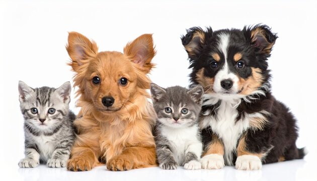 Adorable puppies and kittens together in a playful pet friendship composition on white