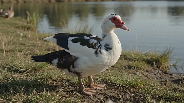 Muscovy duck, waterfowl and bird standing near lake for nature documentary, wildlife observation and animal background. Poultry, drake and outdoor with pond, water and grass for farming or wild life