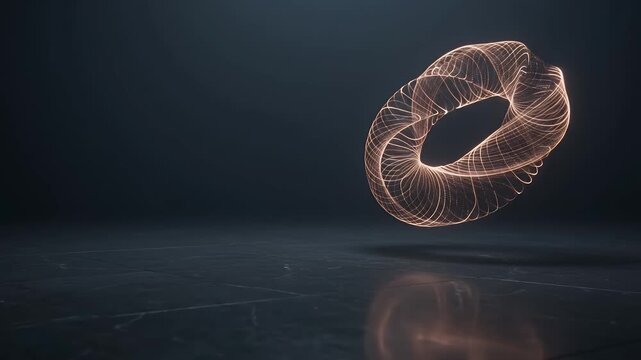 Abstract particle ring, glowing torus and dark floor for technology, digital innovation and science background. Future, light and energy with motion graphics, copy space and 3D rendering art style