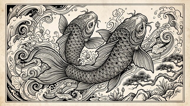 Two koi fish in circular motion with swirling water, detailed scales and fins, black‑and‑white Japanese tattoo style emphasizing harmony and balance.