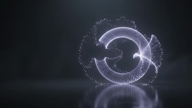 Digital particle ring, technology and future with glow for science, space and network. Abstract loop, innovation and connectivity with light, cyberspace and energy for marketing and software web, dat