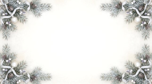 Elegant winter Christmas fir branch frame on off-white background for holiday greeting cards, festive party invitations, and seasonal marketing copy space