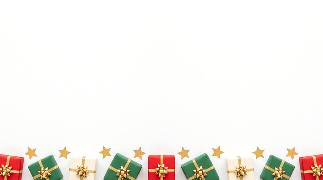Christmas gift box border on white background with copy space for holiday sale banners, festive party invitations, and retail marketing templates
