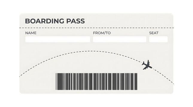 Blank airline boarding pass ticket template with barcode and airplane path isolated on transparent background