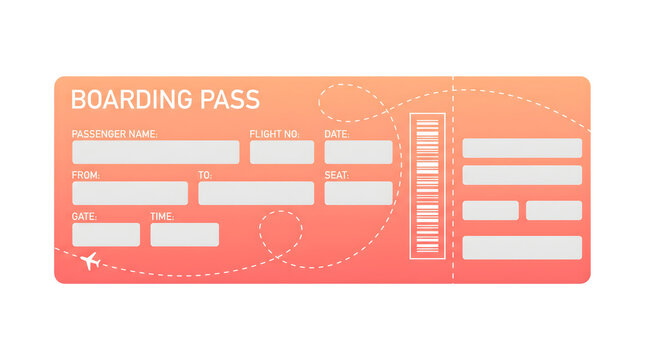 Blank airline boarding pass template with gradient orange and red colors, a barcode, and flight details fields, vector illustration isolated on transparent background