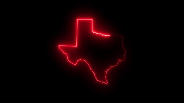 Glowing red neon outline map of texas state on black background
